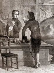 Nicéphore Niépce, vaikka vielä tuntematon ja köyhä, Charles Chevalierin optiikka- ja instrumenttiliikkeessä, Les Merveilles de la Sciencesta, julkaistu n. 1870 (kaiverrus)