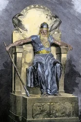 Pohjoismainen mytologia: jumaluus Wotan (Odin). Värikaiverrus 1800-luvulta.