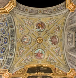 Pohjoinen poikkiristeilyn ensimmäinen länsijänneväli, Holviristeily, Santa Maria Assuntan katedraali, Duomo, Cremona, Lombardia, Italia (kuva)