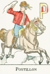 P: Postilion, nuori ratsastaja kasakka-asussa - Kaiverrus kirjasta "Alphabet des jeux", noin 1890