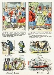 Sivu 8 - le bal -asu, la ronde - Child Entertainment Alphabet n.1890 (litografia)