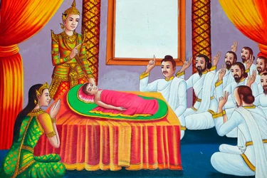 Shakyamuni Buddhan elämäntarinaa kuvaava maalaus. Buddha lapsena. Kep. Kambodža. (kuva)