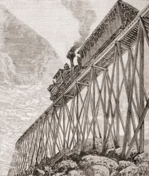 Osa neljä kilometriä pitkää rautatietä New Hampshiressa, Yhdysvalloissa, rakennettu virkistysmatkoja ja matkustajien panoraamanäkymiä varten, noin 1880, Barcelonan julkaisemasta El Mundo Ilustradosta