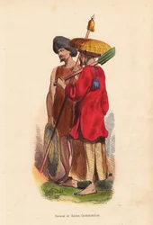 Peasant et soldat Cochinchinois (Vietnam) - Vietnamin (Cochinchine) miehet: sotilas turbaanin, kilven ja keihään kanssa ja maanviljelijä olkihattu, tunika ja lapio - Mercierin käsin värjätty puupiirros teoksesta "Moeurs, Uses et Costumes de tous les Peuple