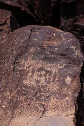Eläimiä ja hahmoja esittävät kalliokaiverrukset - Petroglyph National Monument - Albuquerque, New Mexico, Yhdysvallat (USA)