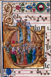 Piccolomini-kirjasto: kuorokirja, turska. 23.8, ff. 66r kappaleella "The Ascension of Christ", kirjoittanut Girolamo da Cremona. Yksityiskohta.