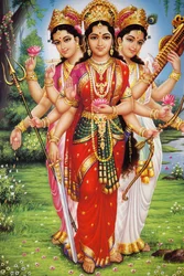 Kuva hindulaisista jumalattarista Parvatista, Lakshmista ja Saraswatista, Intia