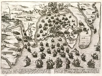 Cadizin sataman suunnitelma vuonna 1596 Sir Walter Raleighin hyökkäyksen aikaan (kaiverrus)