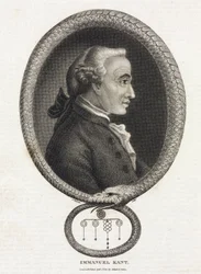Filosofi Immanuel Kantin (1724-1804) muotokuva omaa häntäänsä purevan käärmeen muodostamassa kehyksessä