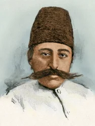 Muotokuva Mozaffar ad-din (ad Din) (Mozaffer ed dine, Mozaffer-ed-dine, Mozzafar-al-Din, Mozzafar al-Din, Mozaffaredin) (1853-1907), Iranin shaahi vuosina 1896-1907. Värikaiverrus 1800-luvulta.