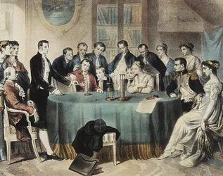 Volta esittelee vuonna 1801 sähköparistoa koskevia kokeita ensimmäiselle konsulille Napoleon Bonapartelle (kaiverrus).