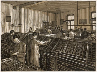 Kirjapaino Budapestissa. (kaiverrus, n. 1910)