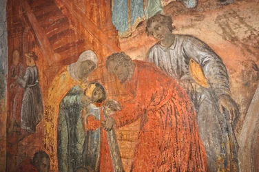VENÄJÄ, Uglich, Venäjän ortodoksinen Pyhän Dimitriuksen verellä kirkko (1630), fresko, joka kuvaa Demetriuksen (Ivan Julman pojan) kuolemaa
