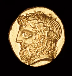 Harvinainen antiikin Kreikan kolikko, kulta, thasos hemidrachm, Dionysos viinin jumala n. 380 eKr (kuva)