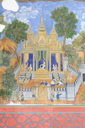 Reamker-freskot koristavat kuninkaallisen palatsikompleksin seiniä Phnom Penhissä, Kambodžassa (kuva)