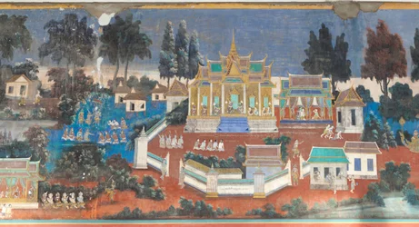 Reamker-freskot koristavat kuninkaallisen palatsikompleksin seiniä Phnom Penhissä, Kambodžassa (kuva)