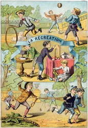 Virkistystä koulun pihalla. Kaiverrus "Alphabet des petits ecoliers". Epinalin kuva, noin 1885. Privee Collection
