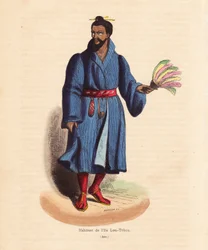 Ryu Kyu -saarten (Okinawa, Japani) asukas - Lou-Tchou-saarten (RyukYu-saaret tai nykyinen Okinawa) mies - Mercierin käsin värjätty puupiirros teoksesta "Habits, Uses et Costumes de tous les Peuples du Monde, Asie", jonka on tehnyt Auguste Wahlen, salanimi 