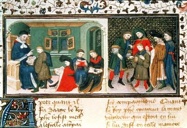 Roy 17 E III f.209r Mestari ja oppilaat, Bartholomaeus Anglicuksen teoksesta "Des Proprietez des Choses" (vellum)