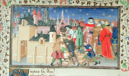 Roy 20 BXX f.82 Aleksanteri Suuri rakentaa kaupungin muistomerkiksi Bukefalukselle "Historia de Procliis":sta (vellum)