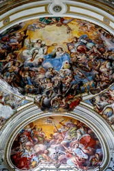 San Benedetton kirkko (Pyhän Benedictuksen kirkko), Catania, Sisilia (Italia). Marian kruunajaisia esittävän kattofreskon yksityiskohta (1700-luku).