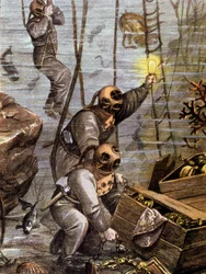 Sukeltaja löytää vedenalaisen aarteen, 1900-luvun alku (kuvitus).