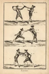 Toinen asento aseistariisunnan tierce, aseistariisunnan carte tai seconde thrust, ja toinen asento aseistariisunnan carte. Robert Benardin tekemä kuparikaiverrus Denis Diderot