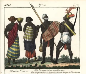 Shoua-naisia vauvan, keihään ja jousimiehen kanssa Kanemin valtakunnasta (Tšad ja Libya). Kirjan litografia: Friedrich Wilhelm Goedsche (1785-1863) "Galerie complete en tableaux fideles des peuples d