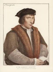 Sir John Godsalve, Norwich, Norfolk, englantilainen poliitikko (k. 1556). Francis Bartolozzin Hans Holbeinin mukaan tekemä käsin värjätty kuparipiirros Hans Holbeinin alkuperäisten piirustusten jäljennöksistä, Hamilton, Adams, Lontoo.