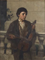 Katumuusikko 1800 (Öljy kankaalle, kiinnitetty Masonite-levylle)