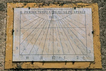 Aurinkokello, Maria Santissima Assuntan kirkon sivuseinä, Palazzo Adriano, Sisilia, Italia