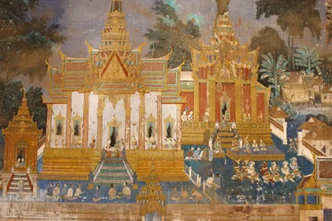 Sylver Pagoda Tämä seinämaalaus kuvaa kohtauksia Reamkerista, joka on kambodžalainen tai khmerilainen versio klassisesta hindurunouksesta Ramayana, Phnom Penh, Kambodža.