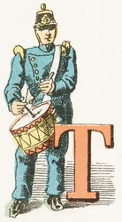 T - Tambour - Childish Alphabet, Editions Gordinne 1920 (kaiverrus)