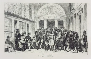 "The Alley", pullamyyjä Lontoon pörssin sisäänkäynnillä, Capel Court, n. 1850 (etsaus)