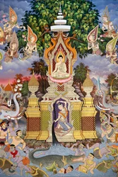 Buddhan elämä, seinä fresko, Wat Maniratanaramin luostari, Phnom Penh, 2022 (kuva)