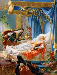 Ruusunen ja hurmaava prinssi, 1800-luvun loppupuoli (kromolitografia).
