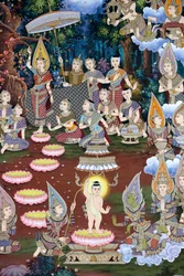 O nascimento do infante Siddhartha, afresco na parede, mosteiro Wat Maniratanaram, Phnom Penh, 2022 (foto) finlandês