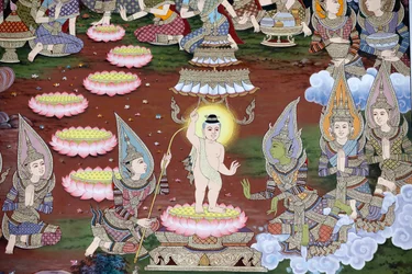 Vauvan Siddharthan syntymä, seinäfresko, Wat Maniratanaramin luostari, Phnom Penh, 2022 (kuva)