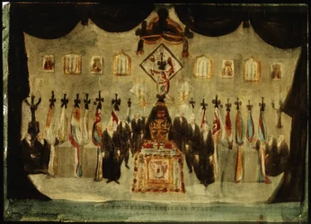 Horatio Nelsonin (1758-1805) ruumis lepää hautajaisten kolmantena päivänä Greenwichin entisen Royal Naval Collegen Painted Hallissa; arkkua peittävä musta liina poistetaan, ja mustiin pukeutuneet vartijat seisovat molemmin puolin