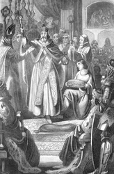 Habsburg-sukuisen Rudolf I:n (1218-1291) kruunaaminen roomalaisten kuninkaaksi 24. lokakuuta 1273 Aachenin tuomiokirkossa Saksassa (Saksan Rudolf I kruunataan Aachenin tuomiokirkossa 24. lokakuuta 1273). Kaiverrus Rotteckin teoksesta „Bilder-Gallerie zur