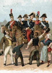 Kuningas Kaarle X:n (1757-1836) saapuminen Pariisiin vuonna 1824 huudahti: "Ranskassa ei tapahdu minkäänlaista muutosta". 1800-luku (kromolitografia)