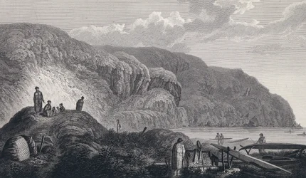 Oonalashkan (tai Unalaskan, Alaska, Yhdysvallat) asukkaat ja heidän kotinsa. Kaiverrus 1700-luvun lopulla John Webberin (1751-1793) mukaan.