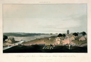Île de France (Mauritius), länsinäköala Pondren myllystä, jonne brittiarmeija jäi 30. marraskuuta 1810. Etsaus väreillä