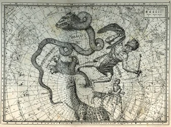 Lähistöllä olevat pohjoisnavan tähtikuviot: Pikku karhu, lohikäärme, kefe, kirahvi, poro ja messier. Kaiverrus Camille Flammarionin teoksesta "The Stars and Other Curiosities of the Sky"
