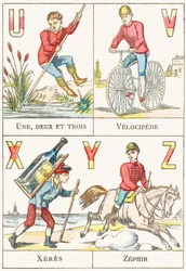 U V X Y Z; U: Yksi, kaksi ja kolme; V: Velocipede; X: sherry; Z: Zephir - Peliaakkoset, n. 1890 (kaiverrus)