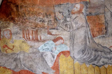 Vault de Lugny kirkko. 1500-luvun seinämaalaus. Kristus intohimossaan. Getsemane, Jeesus rukoilee, sillä välin opetuslapset lepäävät. Ranska Â