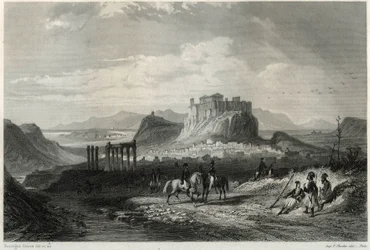 Näkymä Ateenan kaupungista 1800-luvulla, jota hallitsee Akropolis, ranskalaisen toimittajan ja matkustajan Louis Enaultin (1824-1900) kirjassa Välimerestä.