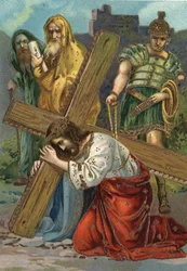 Ristintie - Via Crucis - ristintien asemat: seitsemäs asema, Jeesus kaatuu toisen kerran. Kromolitografia. Yksityiskokoelma