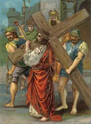 Ristintie - Via Crucis - ristintien asemat: toinen asema, Jeesus kantaa ristiään. Kromolitografia. Yksityiskokoelma