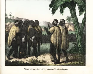 Hääseremonia Senegalin heimossa. Kirjan litografia: Friedrich Wilhelm Goedsche (1785-1863) "Galerie complete en tableaux fideles des peuples d